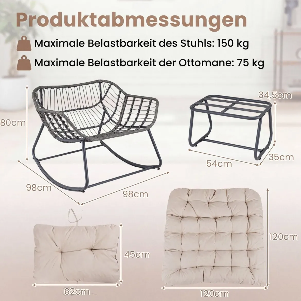Schaukelstuhl mit Hocker Schaukelsessel mit PE-Rattan & Metallrahmen ergonomischer Relaxsessel