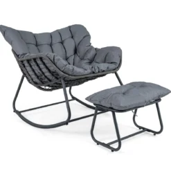 Schaukelstuhl mit Hocker Schaukelsessel mit PE-Rattan & Metallrahmen ergonomischer Relaxsessel