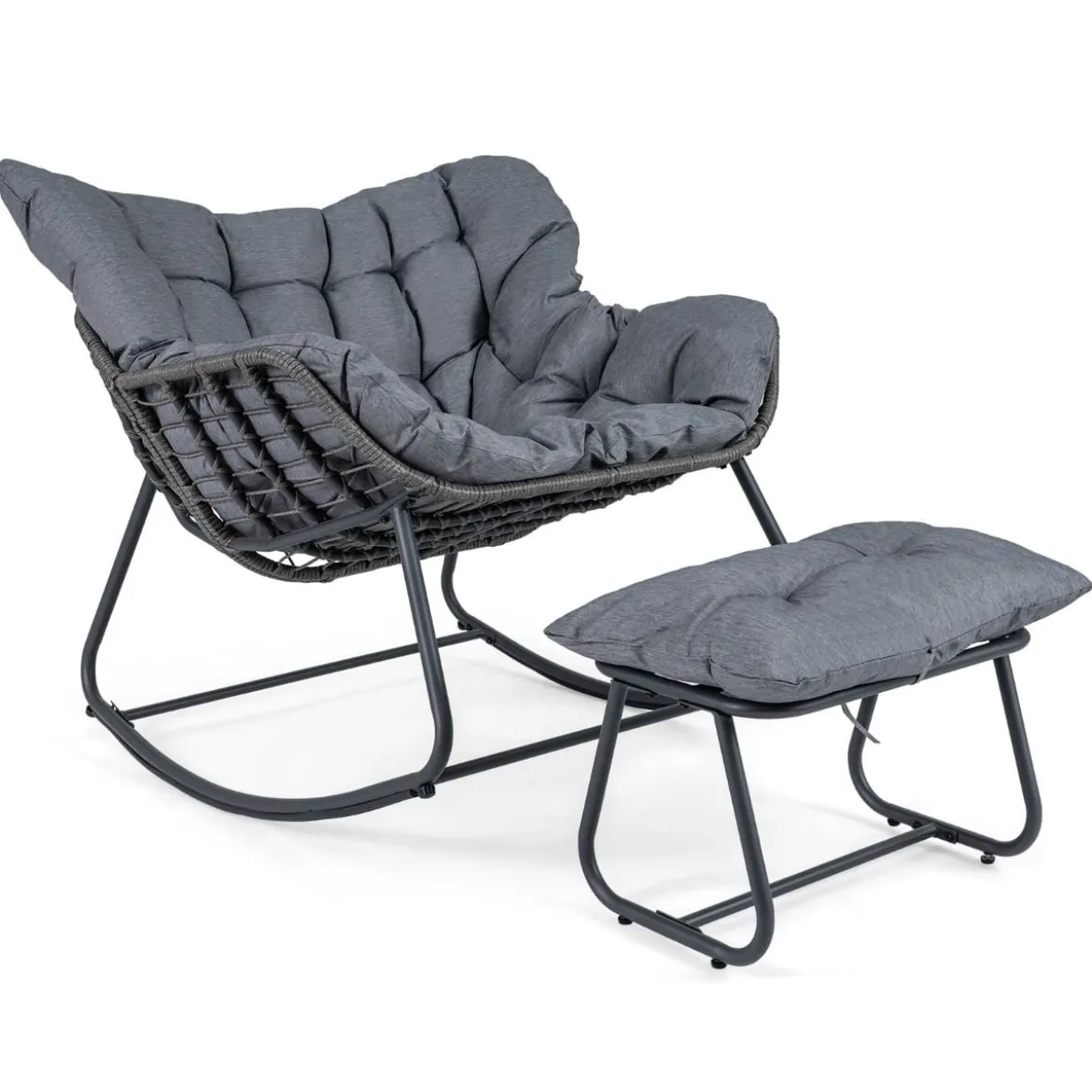 Schaukelstuhl mit Hocker Schaukelsessel mit PE-Rattan & Metallrahmen ergonomischer Relaxsessel