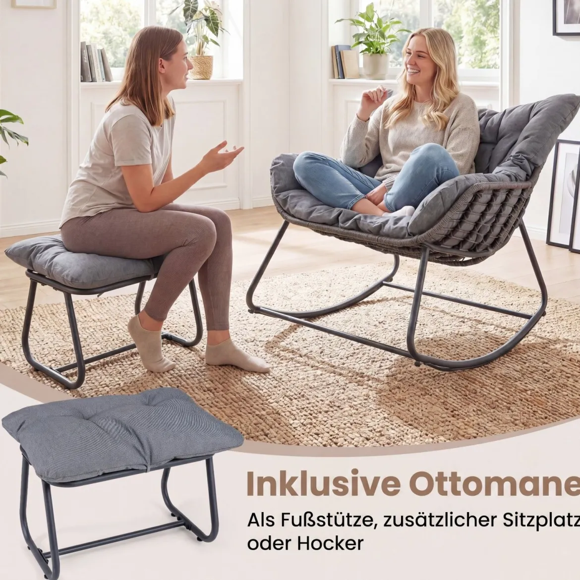 Schaukelstuhl mit Hocker Schaukelsessel mit PE-Rattan & Metallrahmen ergonomischer Relaxsessel