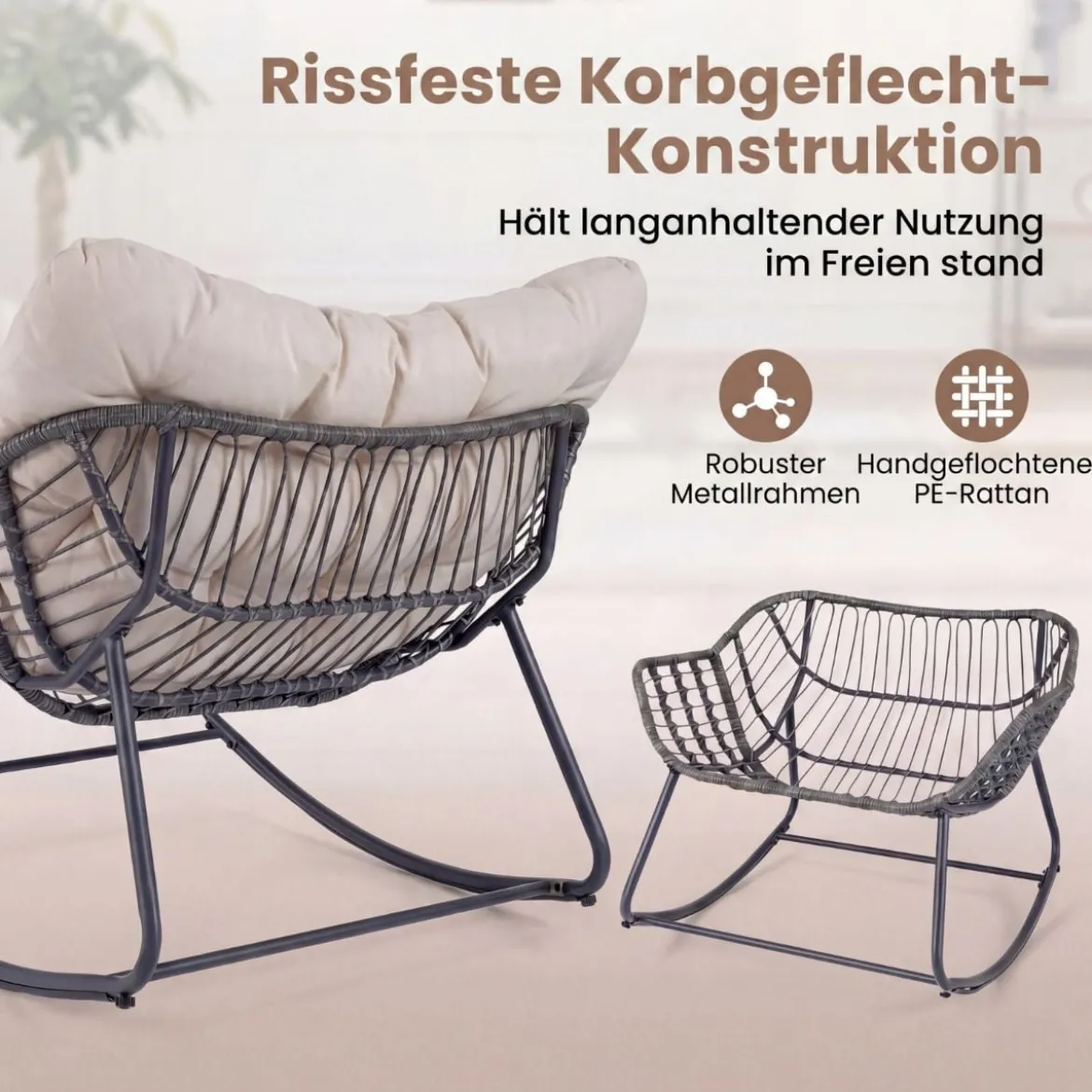 Schaukelstuhl mit Hocker Schaukelsessel mit PE-Rattan & Metallrahmen ergonomischer Relaxsessel