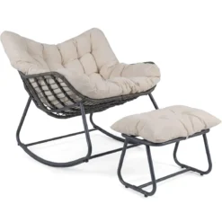 Schaukelstuhl mit Hocker Schaukelsessel mit PE-Rattan & Metallrahmen ergonomischer Relaxsessel