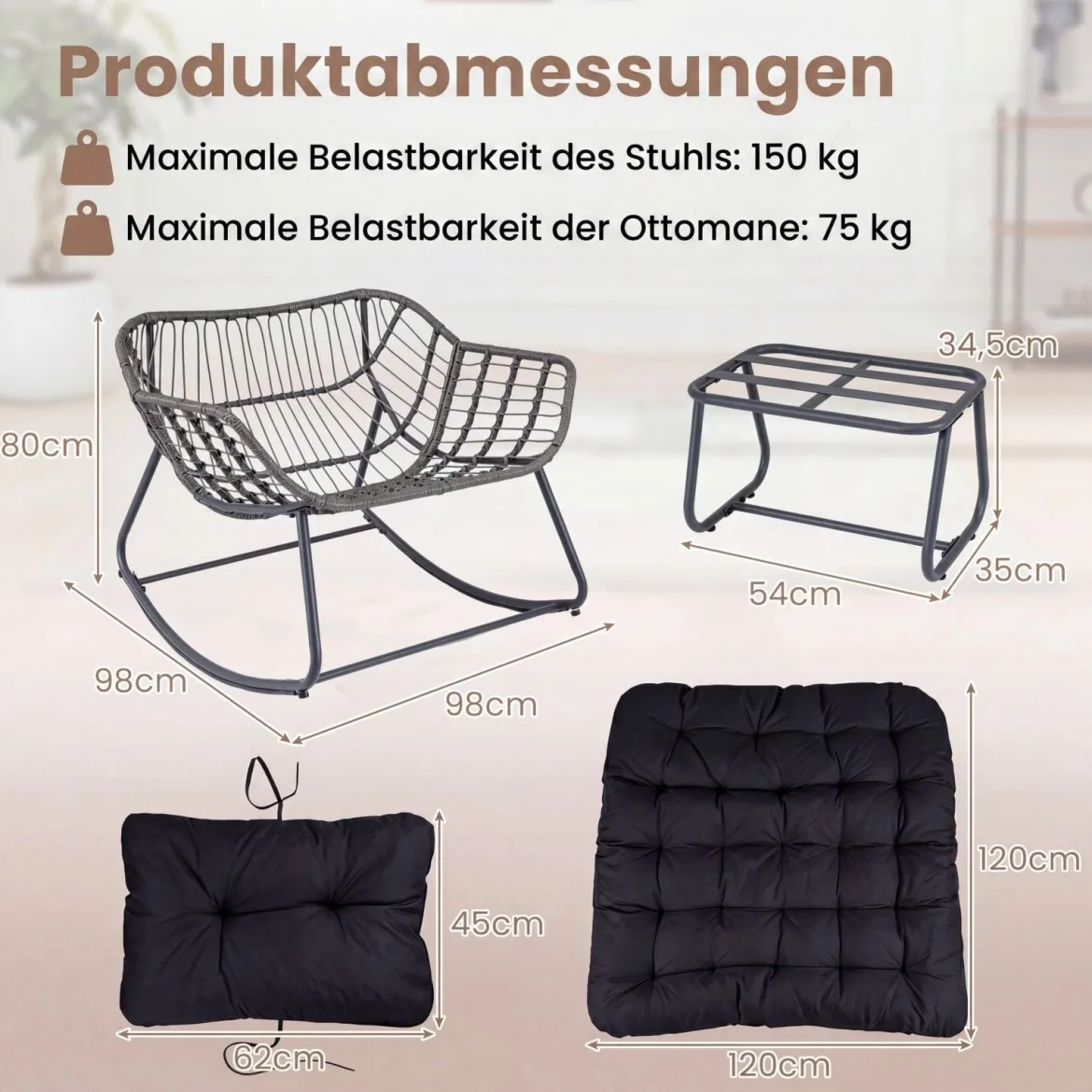Schaukelstuhl mit Hocker Schaukelsessel mit PE-Rattan & Metallrahmen ergonomischer Relaxsessel