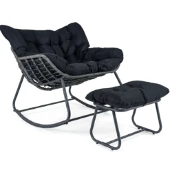 Schaukelstuhl mit Hocker Schaukelsessel mit PE-Rattan & Metallrahmen ergonomischer Relaxsessel