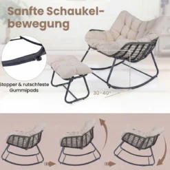 Schaukelstuhl mit Hocker Schaukelsessel mit PE-Rattan & Metallrahmen ergonomischer Relaxsessel