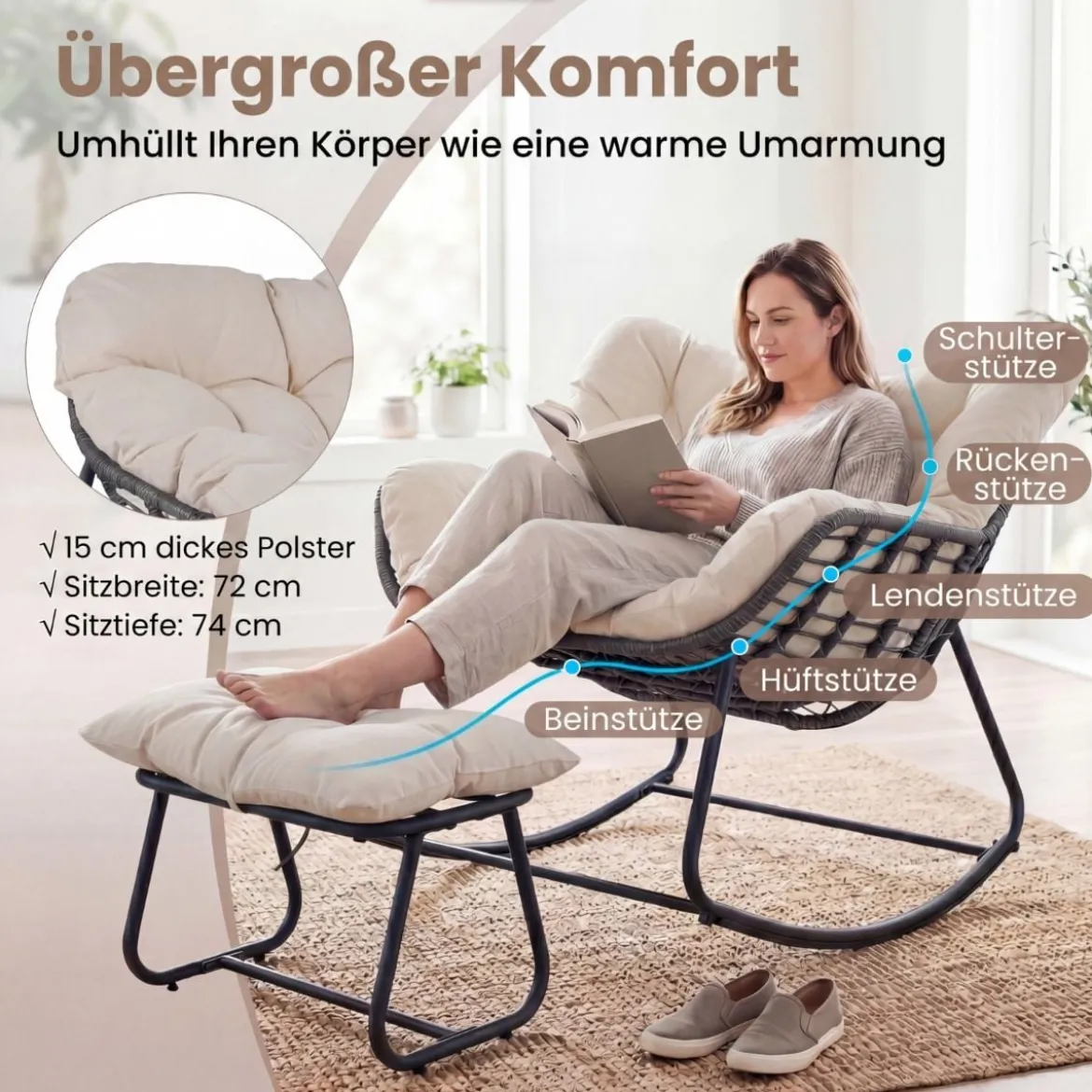 Schaukelstuhl mit Hocker Schaukelsessel mit PE-Rattan & Metallrahmen ergonomischer Relaxsessel