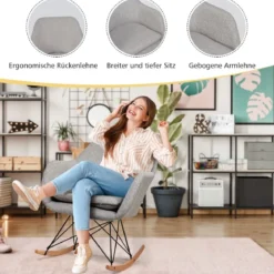 Schaukelstuhl mit hoher ergonomischer Rückenlehne & integrierter Armlehne Stillsessel Relaxstuhl gepolstert Grau