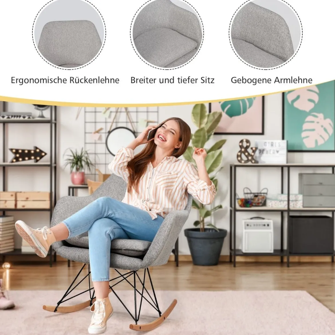 Schaukelstuhl mit hoher ergonomischer Rückenlehne & integrierter Armlehne Stillsessel Relaxstuhl gepolstert Grau