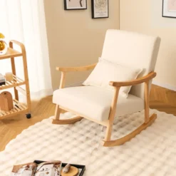 Schaukelstuhl mit Hoher Rückenlehne & Gepolstertem Sitzkissen Moderner Akzent-Sessel Beige