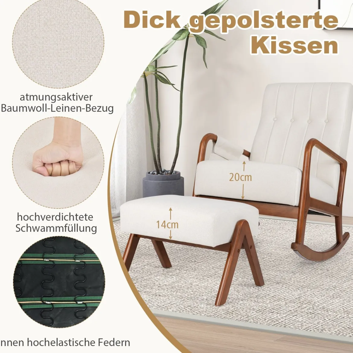 Schaukelstuhl mit Ottomane Gepolsterter Schaukelsessel mit Rückenlehne & Seitentasche