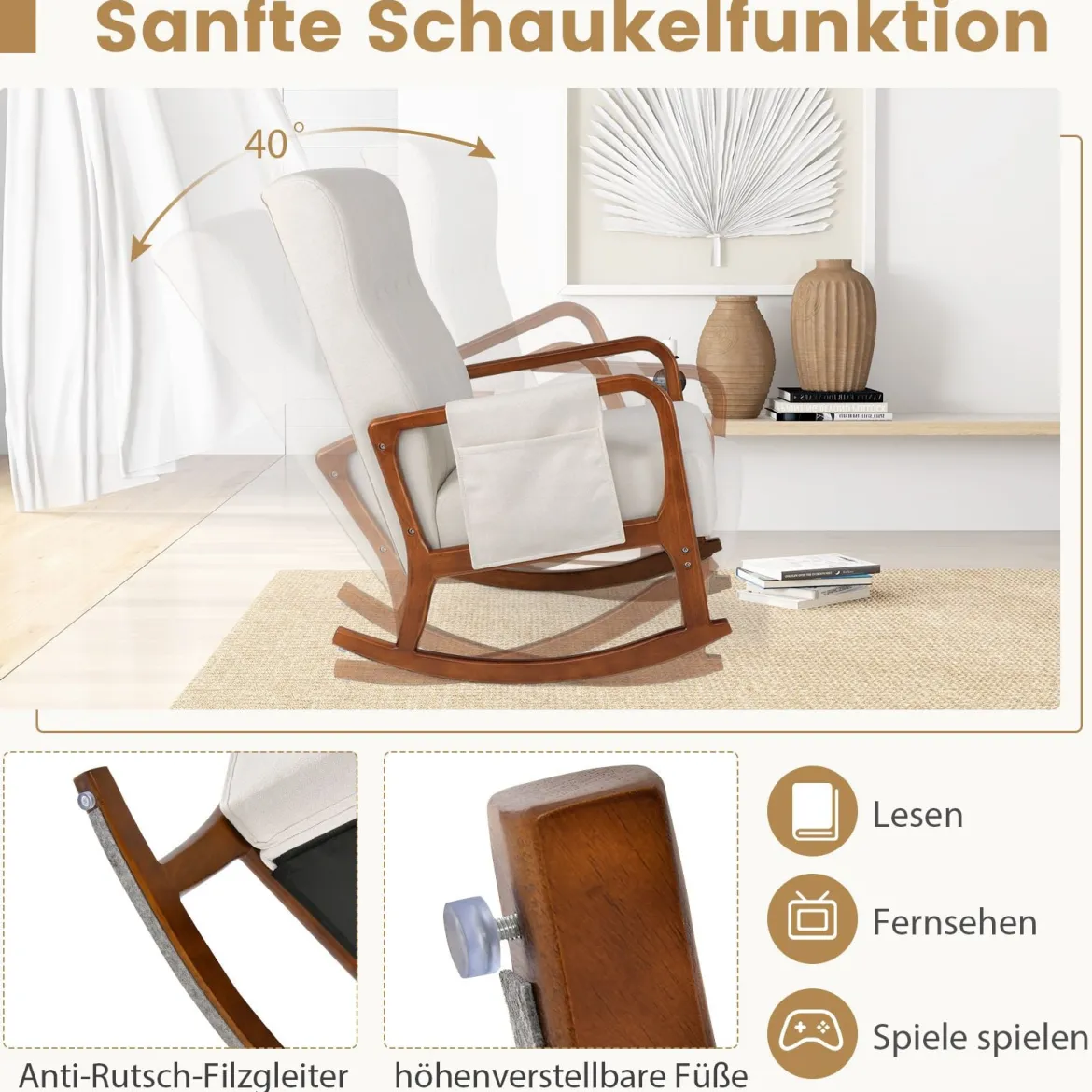 Schaukelstuhl mit Ottomane Gepolsterter Schaukelsessel mit Rückenlehne & Seitentasche