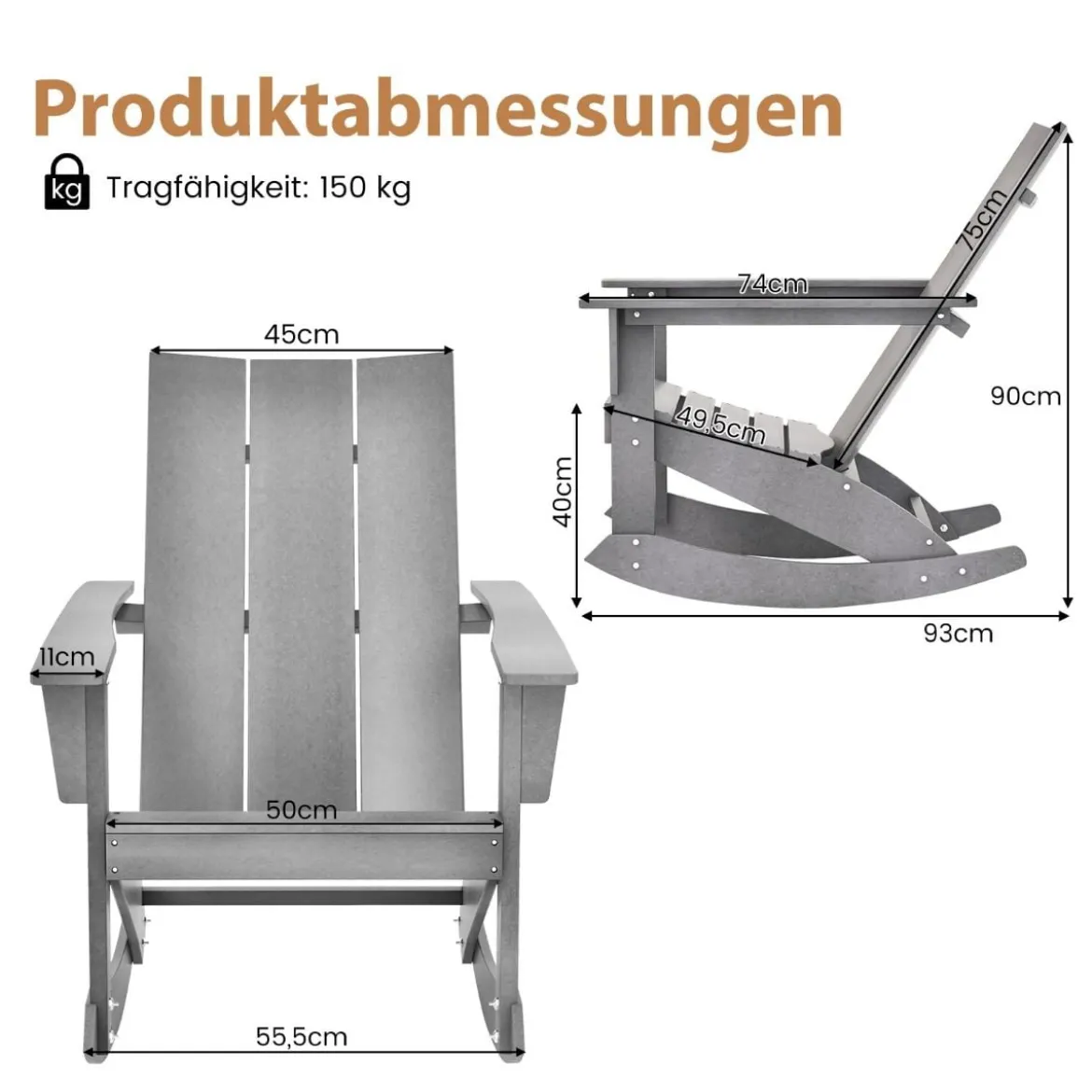 Schaukelstuhl Outdoor Adirondack Gartensessel aus HDPE 93 x 55,5 x 90 cm Grau