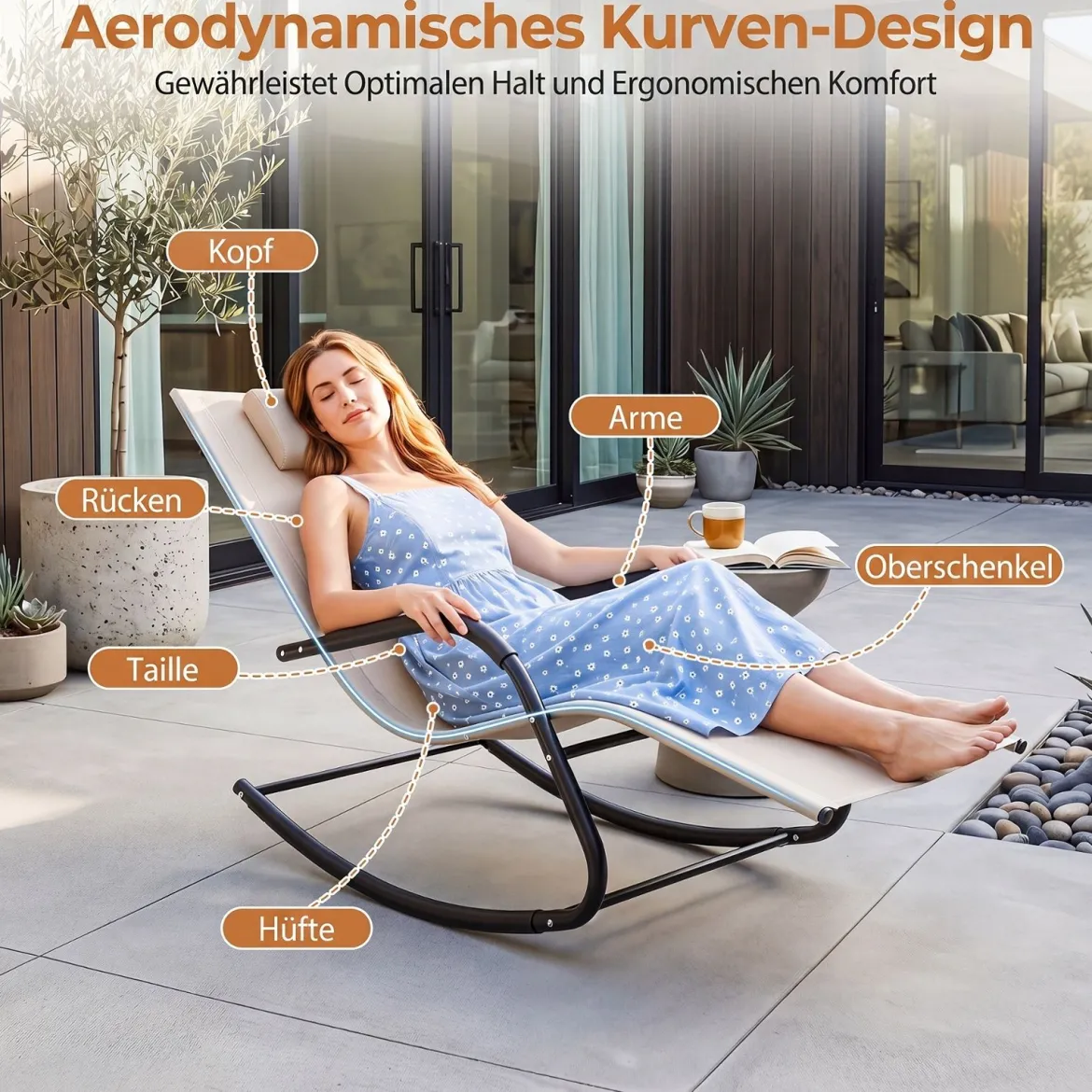 Schaukelstuhl Outdoor Schaukelliege mit Abnehmbarer Kopfstütze bis 160kg Belastbar Schwarz/Beige