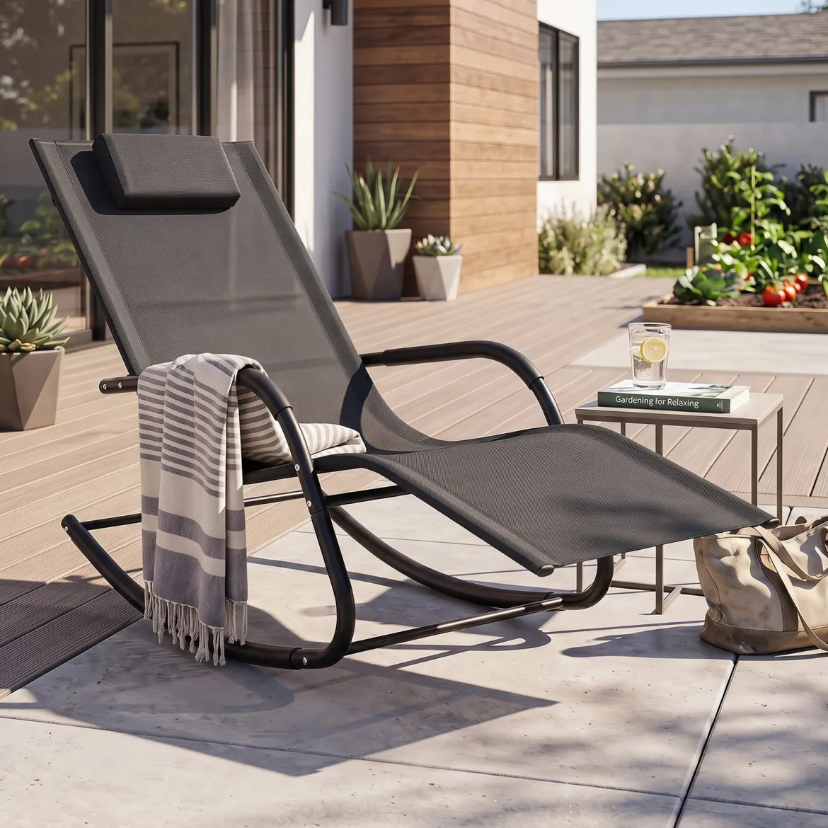 Schaukelstuhl Outdoor Schaukelliege mit Abnehmbarer Kopfstütze bis 160kg Belastbar Schwarz/Beige