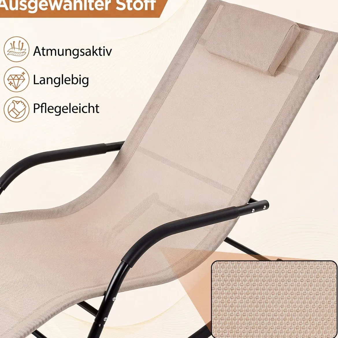 Schaukelstuhl Outdoor Schaukelliege mit Abnehmbarer Kopfstütze bis 160kg Belastbar Schwarz/Beige