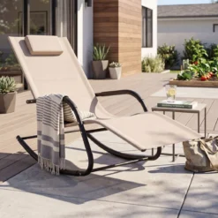 Schaukelstuhl Outdoor Schaukelliege mit Abnehmbarer Kopfstütze bis 160kg Belastbar Schwarz/Beige