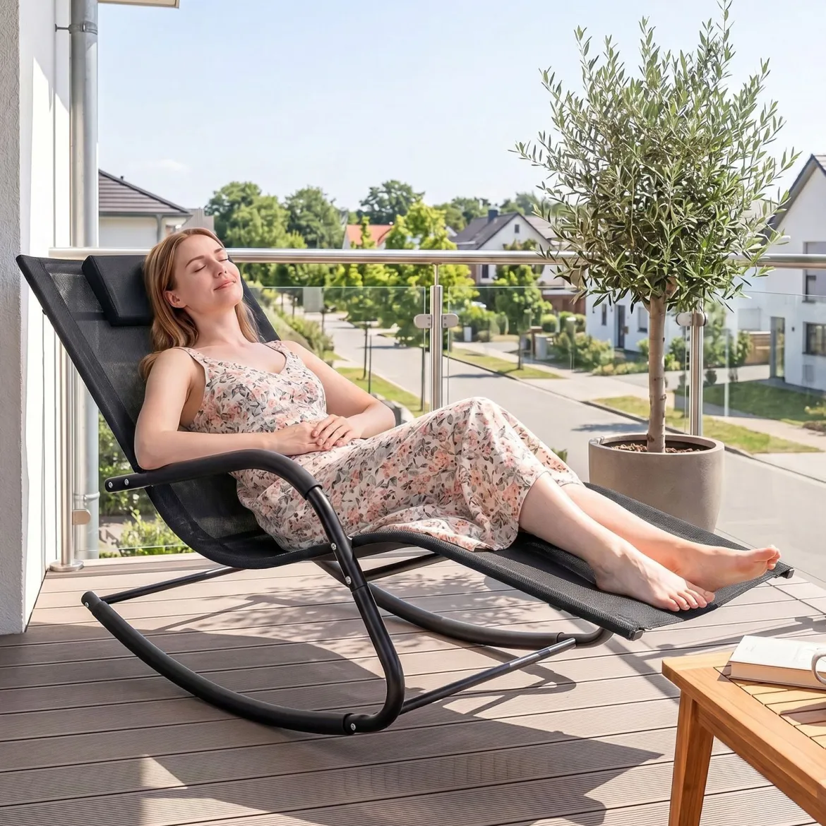 Schaukelstuhl Outdoor Schaukelliege mit Abnehmbarer Kopfstütze bis 160kg Belastbar Schwarz/Beige