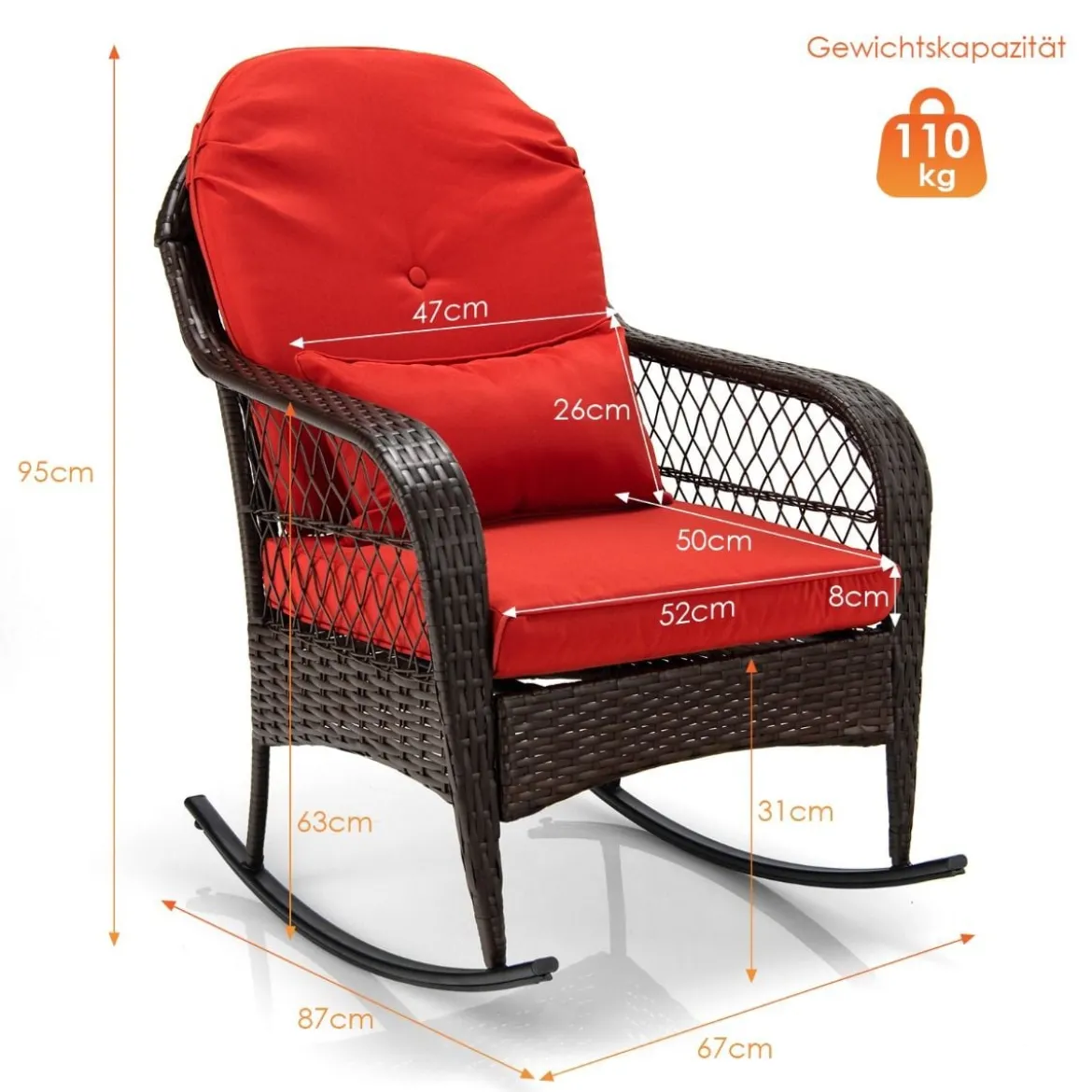 Schaukelstuhl Rattan mit roten Kissen Relaxliege Rattanschaukelstuhl 67 x 87 x 95 cm Braun