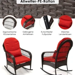 Schaukelstuhl Rattan mit roten Kissen Relaxliege Rattanschaukelstuhl 67 x 87 x 95 cm Braun