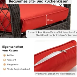 Schaukelstuhl Rattan mit roten Kissen Relaxliege Rattanschaukelstuhl 67 x 87 x 95 cm Braun