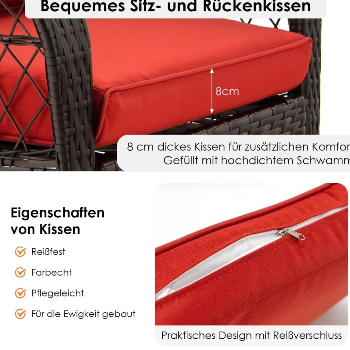 Schaukelstuhl Rattan mit roten Kissen Relaxliege Rattanschaukelstuhl 67 x 87 x 95 cm Braun