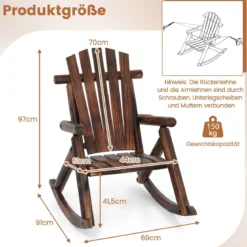 Schaukelstuhl Schaukelsessel aus Massivholz Relaxstuhl mit hoher Rückenlehne und Lattenrost Sitz Braun