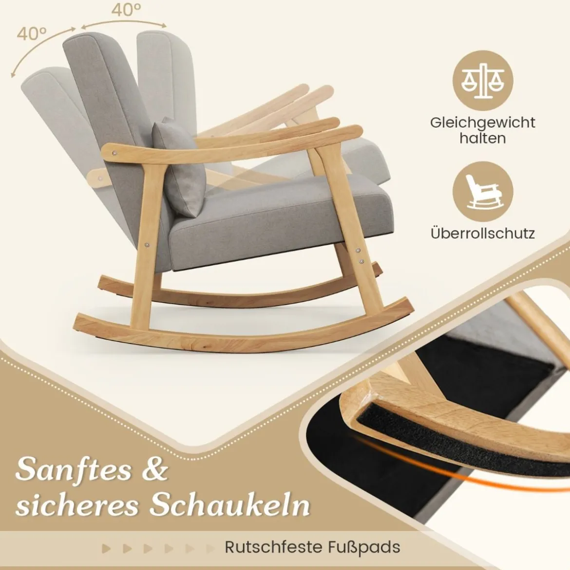 Schaukelstuhl Sessel Wohnzimmer Gepolsterter Loungesessel mit Armlehnen Grau