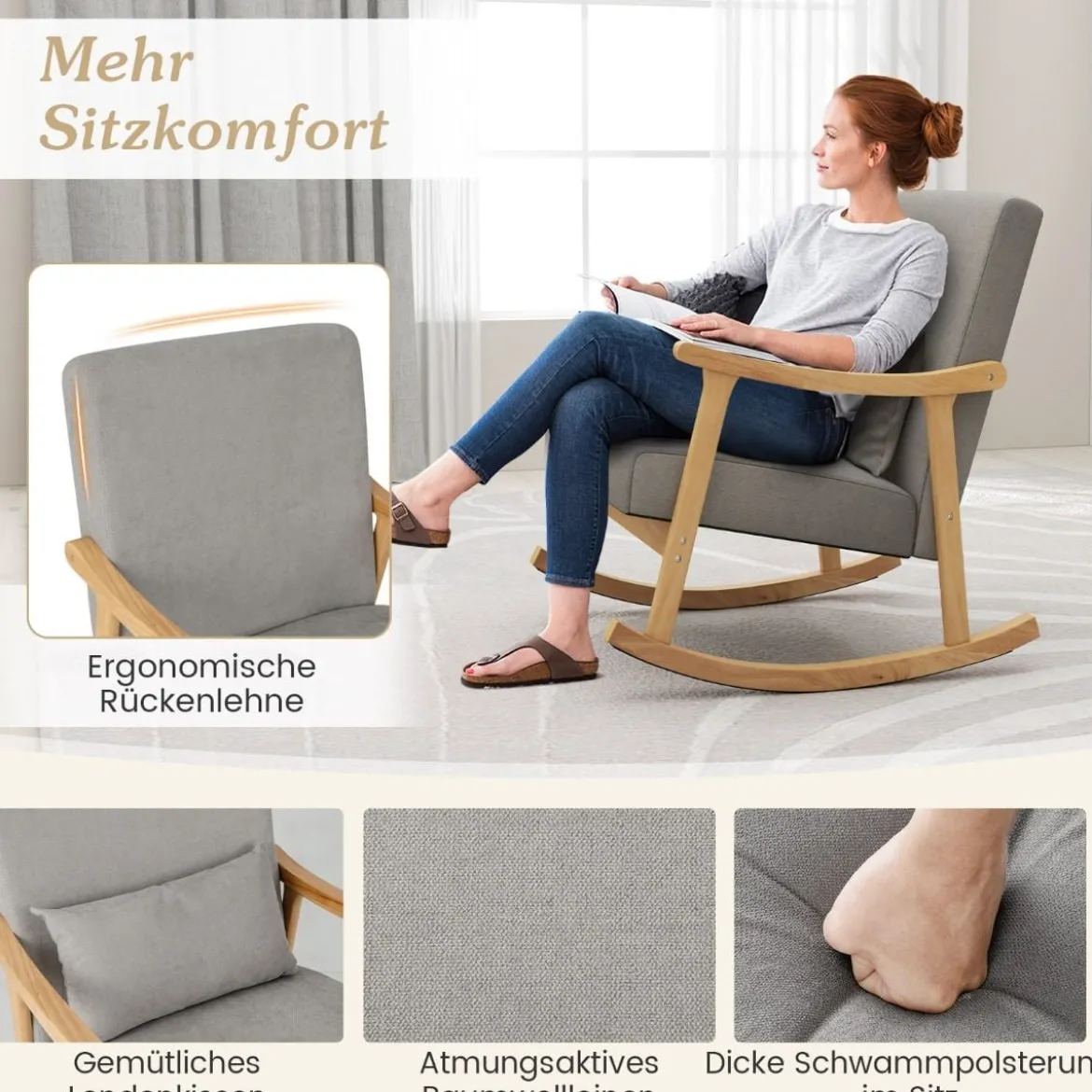 Schaukelstuhl Sessel Wohnzimmer Gepolsterter Loungesessel mit Armlehnen Grau