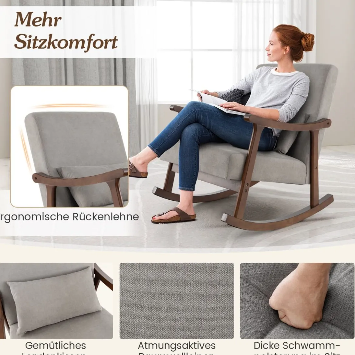 Schaukelstuhl Sessel Wohnzimmer Gepolsterter Loungesessel mit Armlehnen Braun
