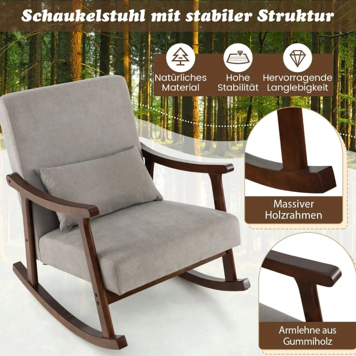 Schaukelstuhl Sessel Wohnzimmer Gepolsterter Loungesessel mit Armlehnen Braun
