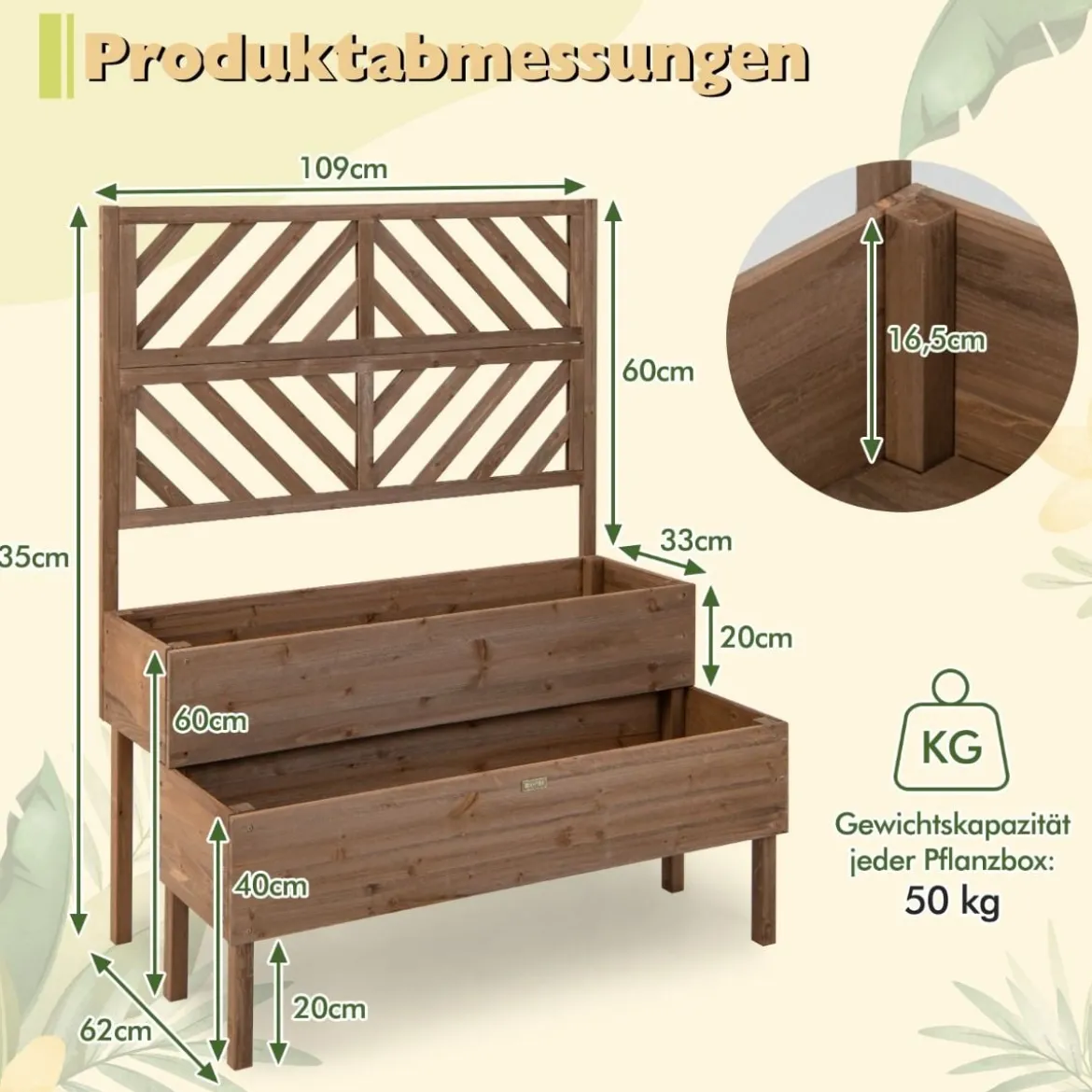 2-Schicht Gartenbett mit Spalier Holzerhöhter Pflanzenkasten mit Beinen Drainageloch Pflanzbehälter Braun