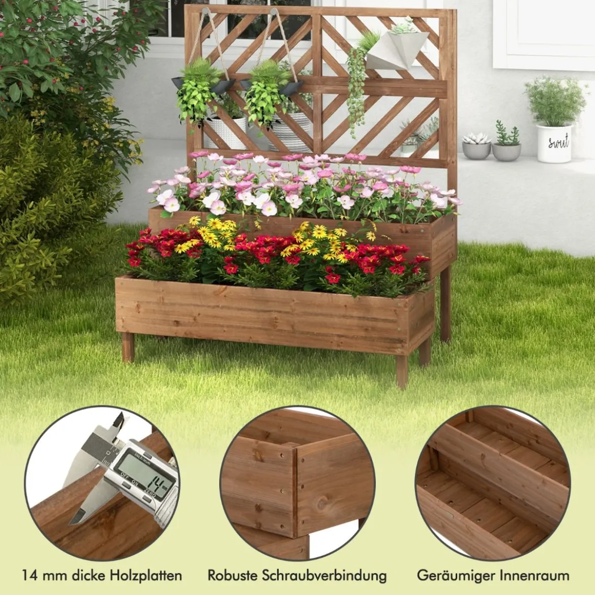 2-Schicht Gartenbett mit Spalier Holzerhöhter Pflanzenkasten mit Beinen Drainageloch Pflanzbehälter Braun
