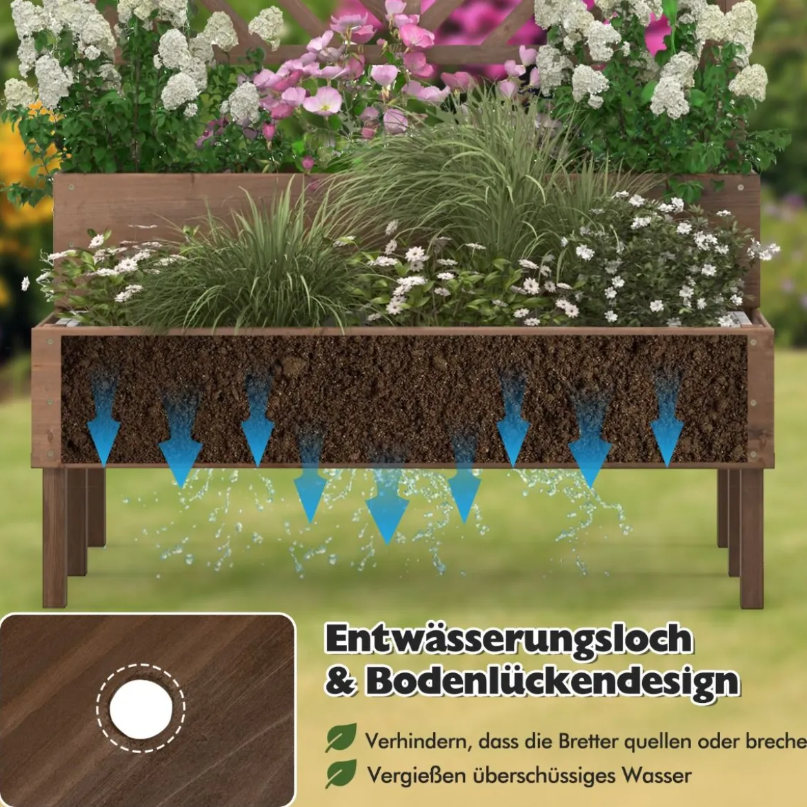 2-Schicht Gartenbett mit Spalier Holzerhöhter Pflanzenkasten mit Beinen Drainageloch Pflanzbehälter Braun