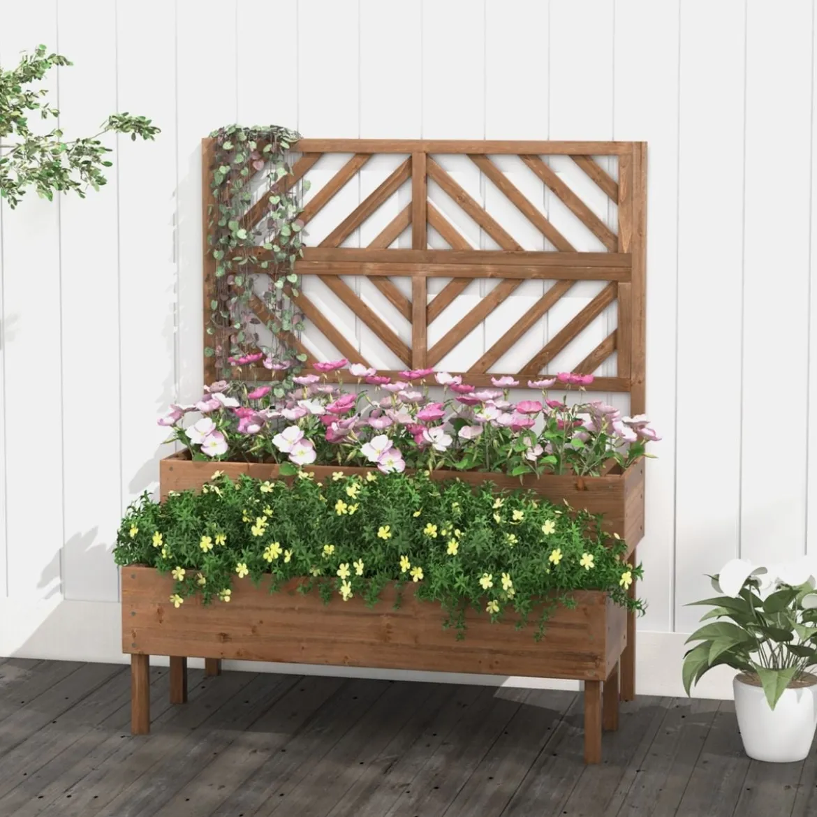 2-Schicht Gartenbett mit Spalier Holzerhöhter Pflanzenkasten mit Beinen Drainageloch Pflanzbehälter Braun