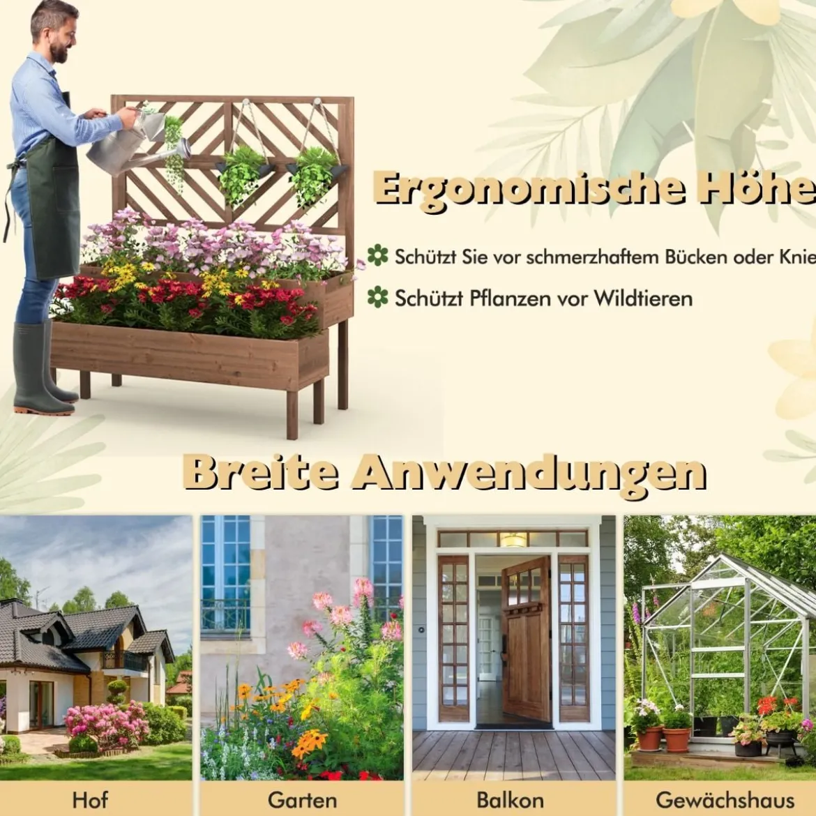 2-Schicht Gartenbett mit Spalier Holzerhöhter Pflanzenkasten mit Beinen Drainageloch Pflanzbehälter Braun