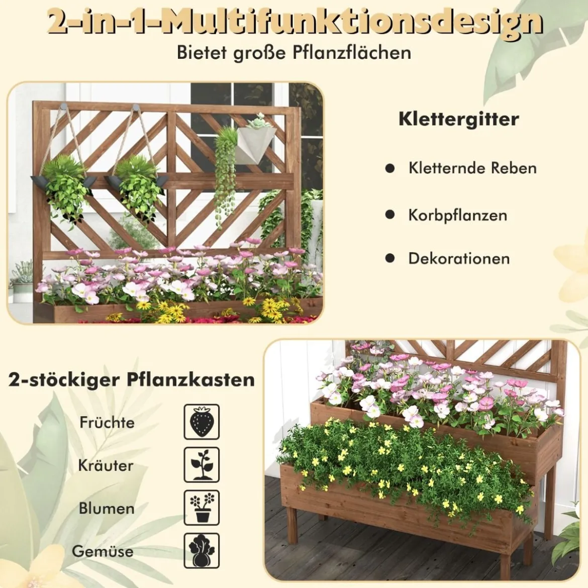2-Schicht Gartenbett mit Spalier Holzerhöhter Pflanzenkasten mit Beinen Drainageloch Pflanzbehälter Braun