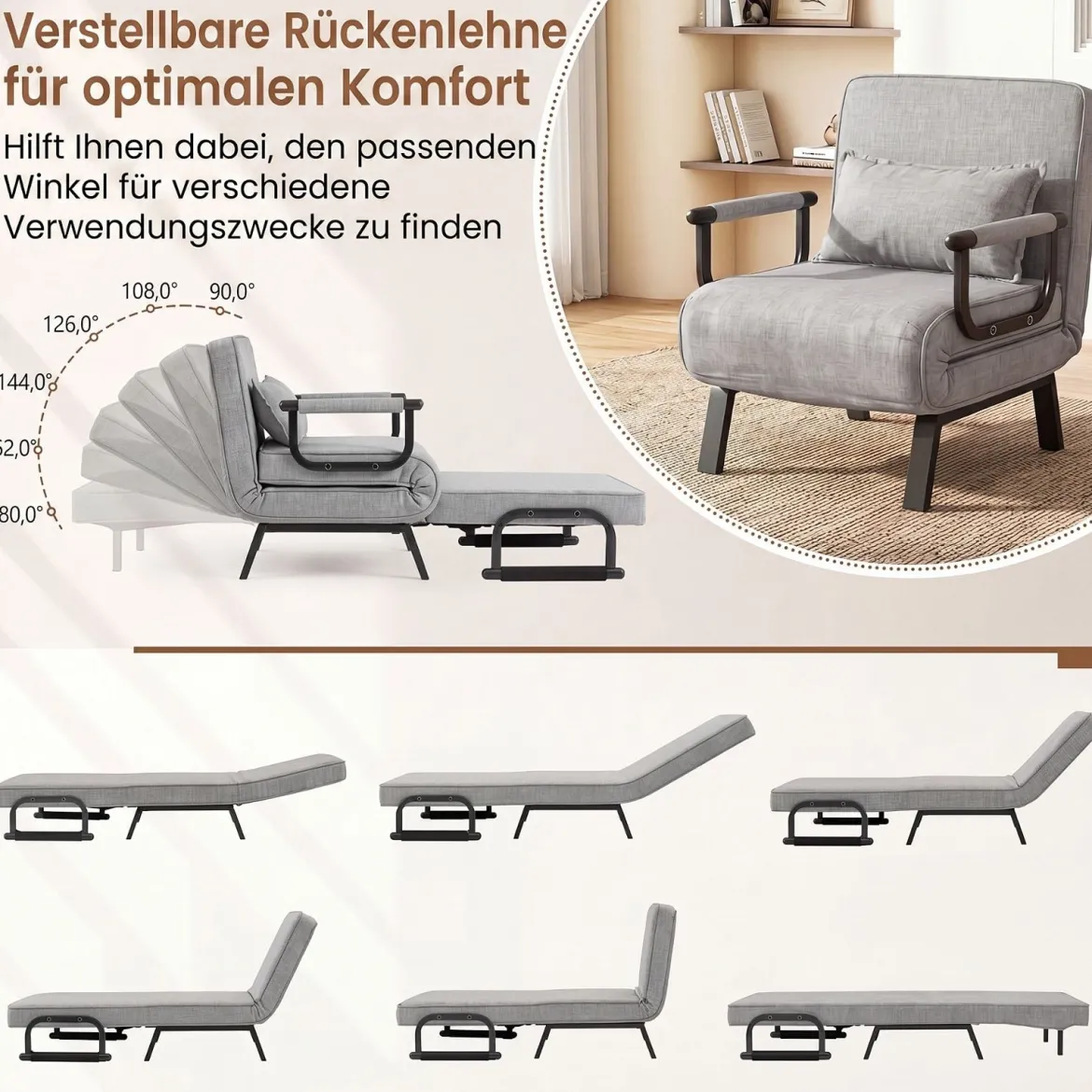 Schlafsessel mit Bettfunktion Umwandelbares Schlafsofa mit 5-fach Verstellbarer Rückenlehne für Zuhause