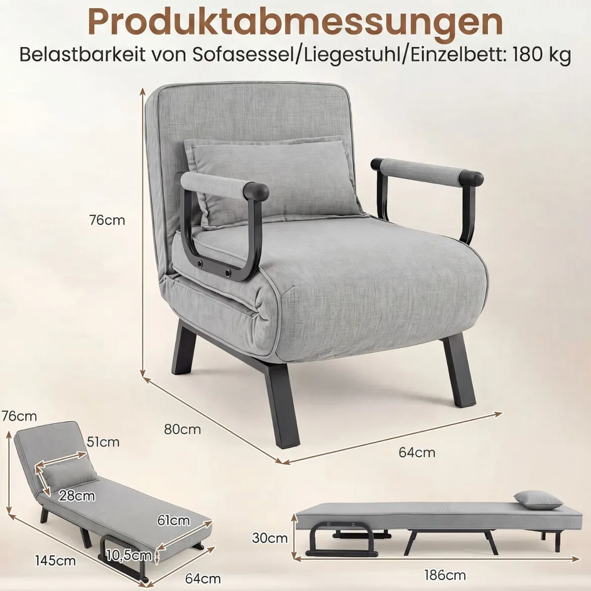 Schlafsessel mit Bettfunktion Umwandelbares Schlafsofa mit 5-fach Verstellbarer Rückenlehne für Zuhause