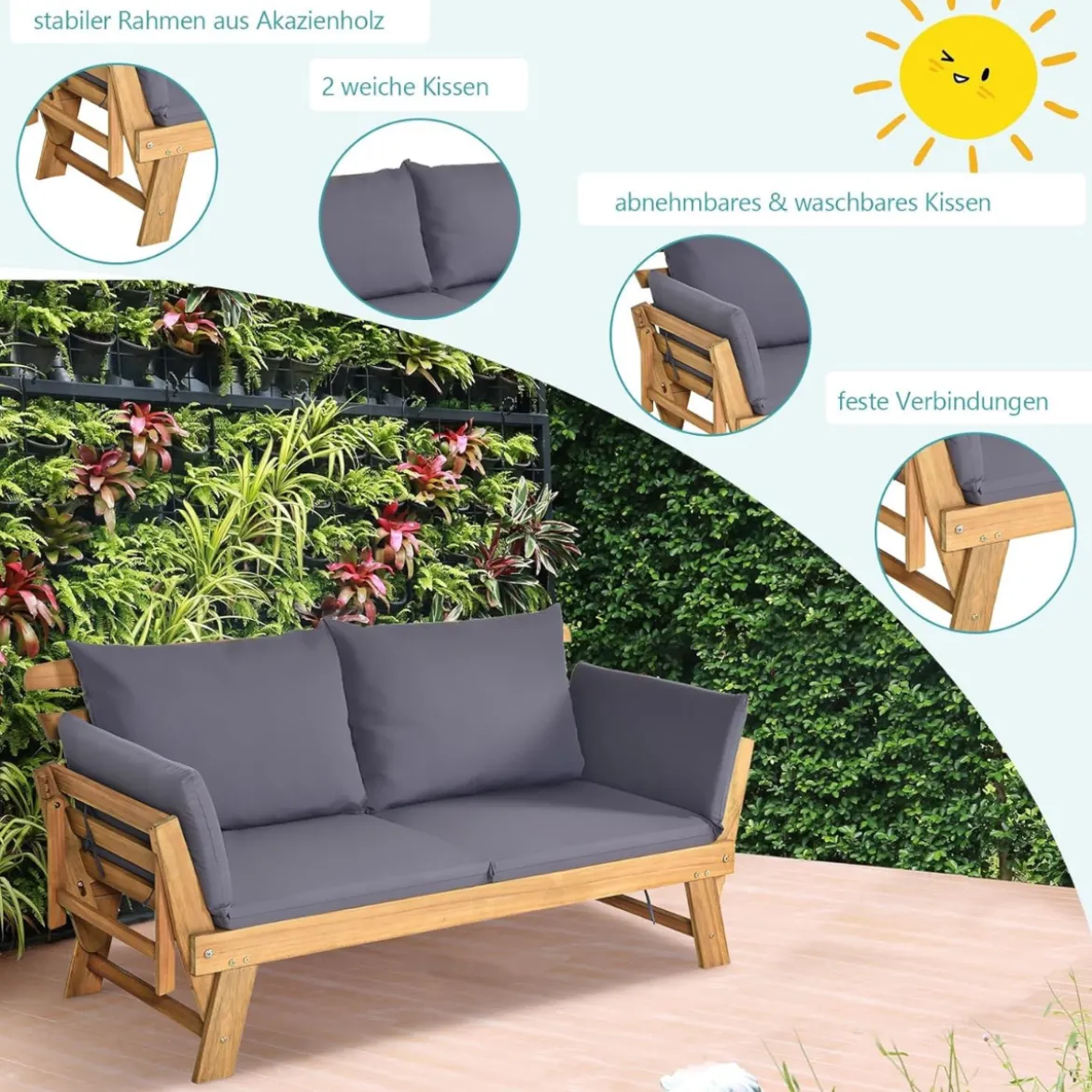 Schlafsofa für die Terrasse Tagesbett aus Akazienholz 198 x 75 x 75 cm
