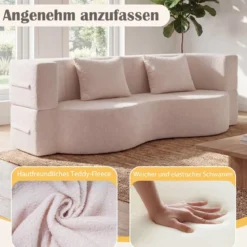 Schlafsofa mit 2 Bequemen Kissen & Memory Schaum Boneless Sofa Bett Teddy-Fleece Beige