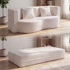 Schlafsofa mit 2 Bequemen Kissen & Memory Schaum Boneless Sofa Bett Teddy-Fleece Beige