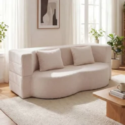 Schlafsofa mit 2 Bequemen Kissen & Memory Schaum Boneless Sofa Bett Teddy-Fleece Beige