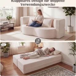 Schlafsofa mit 2 Bequemen Kissen & Memory Schaum Boneless Sofa Bett Teddy-Fleece Beige
