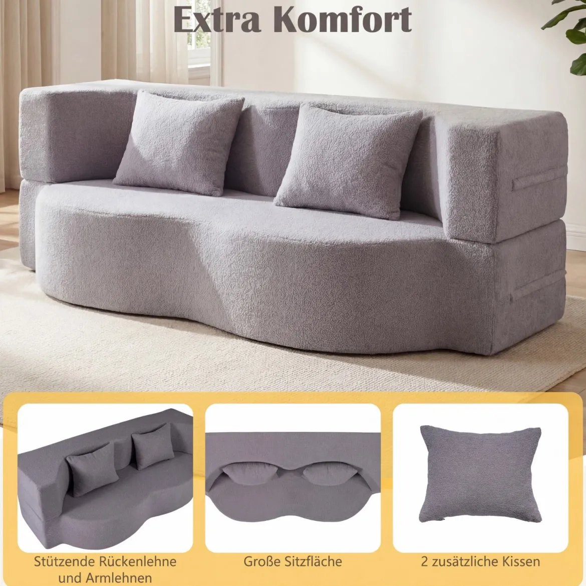 Schlafsofa mit 2 Bequemen Kissen & Memory Schaum Boneless Sofa Bett Teddy-Fleece Grau