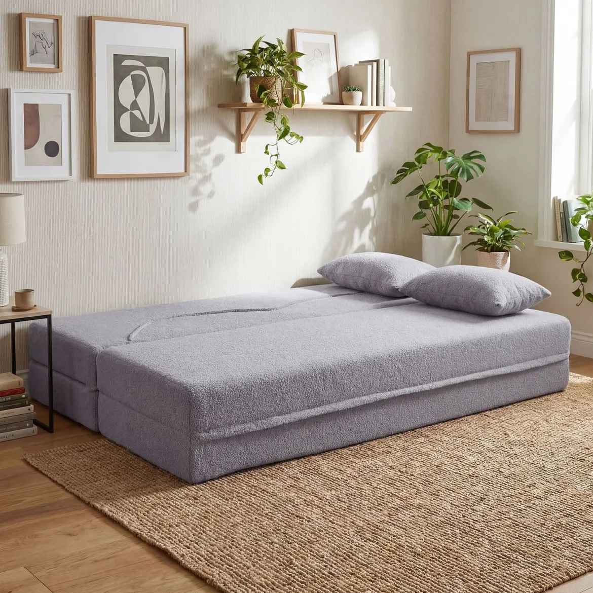 Schlafsofa mit 2 Bequemen Kissen & Memory Schaum Boneless Sofa Bett Teddy-Fleece Grau