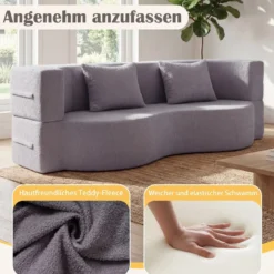 Schlafsofa mit 2 Bequemen Kissen & Memory Schaum Boneless Sofa Bett Teddy-Fleece Grau