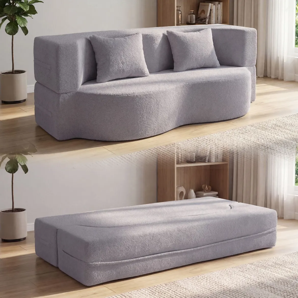 Schlafsofa mit 2 Bequemen Kissen & Memory Schaum Boneless Sofa Bett Teddy-Fleece Grau
