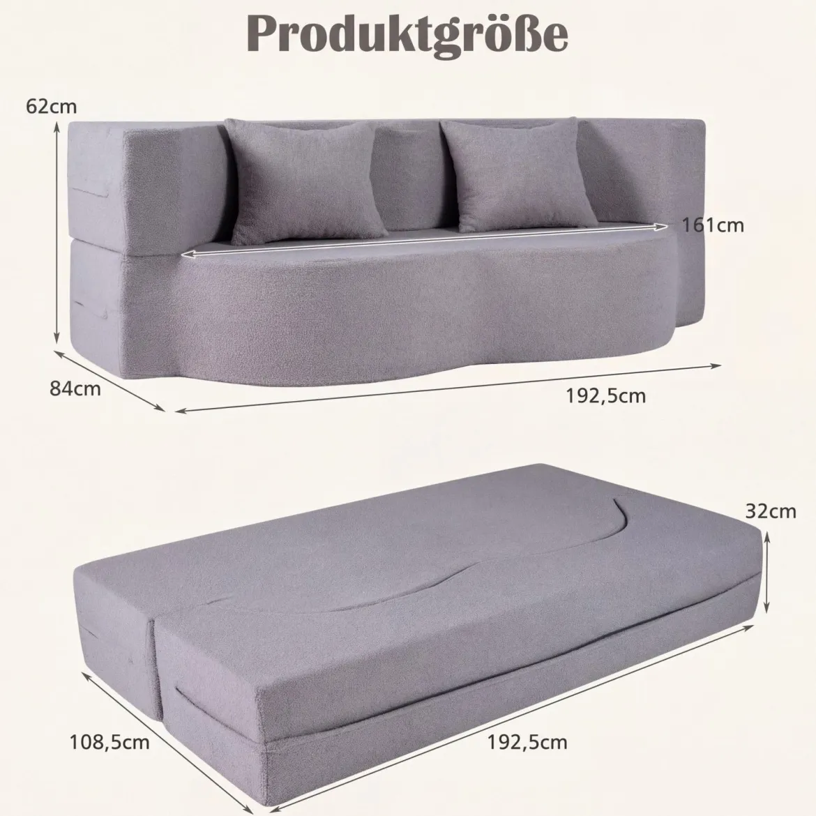 Schlafsofa mit 2 Bequemen Kissen & Memory Schaum Boneless Sofa Bett Teddy-Fleece Grau