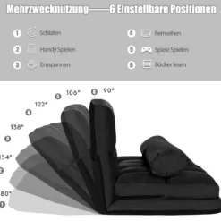 Schlafsofa mit 2 Kissen Sofabett mit 6 Stufig Verstellbarer Rücklehne Lazy Sofa Schwarz