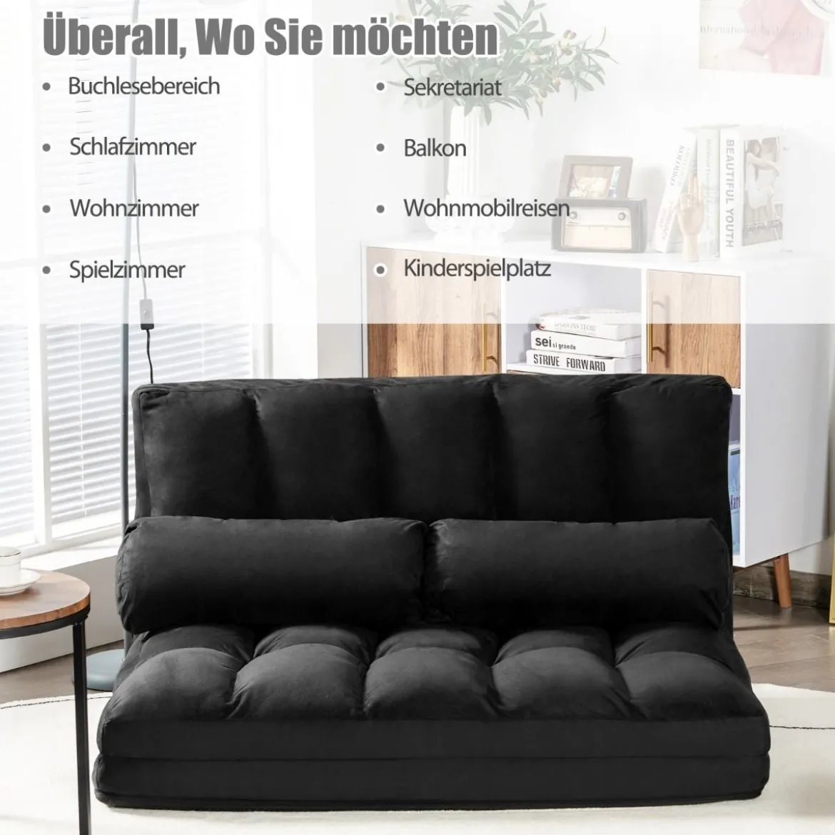 Schlafsofa mit 2 Kissen Sofabett mit 6 Stufig Verstellbarer Rücklehne Lazy Sofa Schwarz